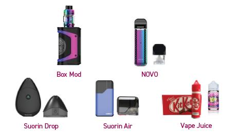 Refillable Devices E-Cigarettes. Suorin Drop. Box Mod. Suorin Air. NOVO. Vape Juice.