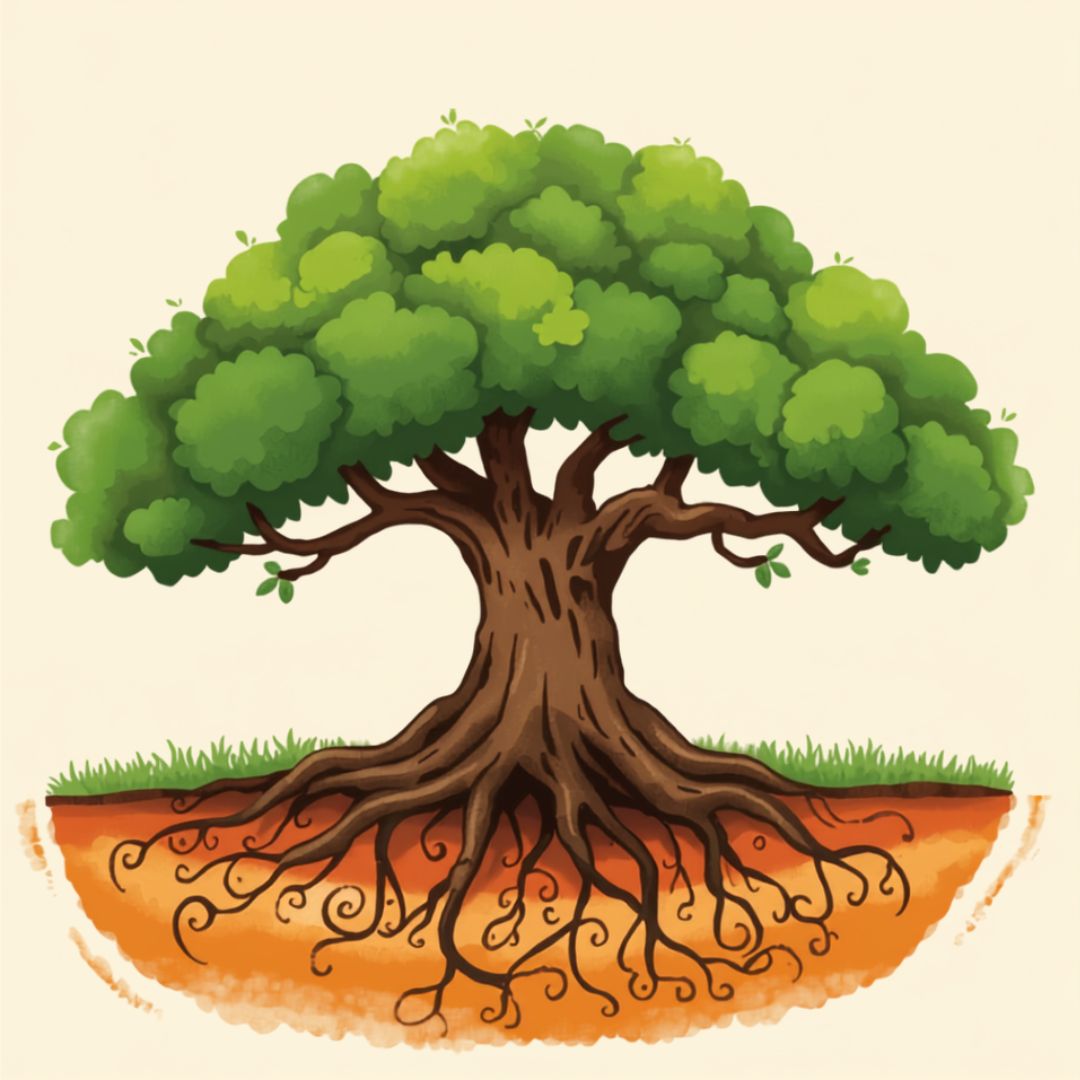 A tree showing its roots underground