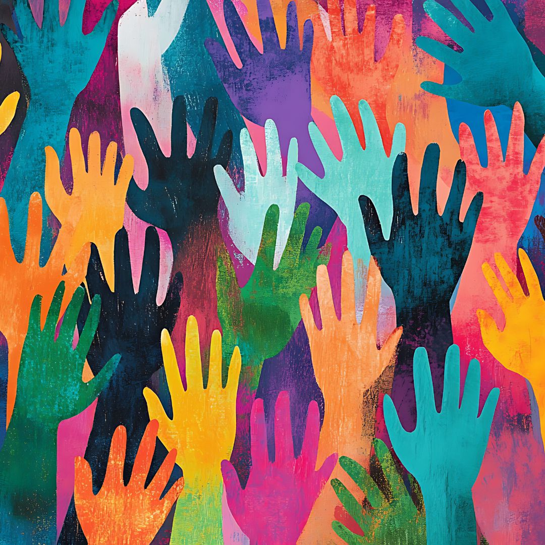 A collage of multi-colored hands