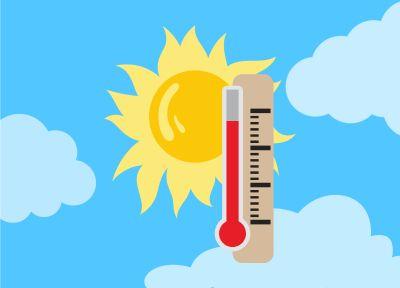 A cartoon sun with a termometer in the sky