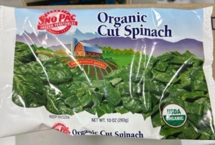 A bag of frozen Sno Pac organic cut spinach