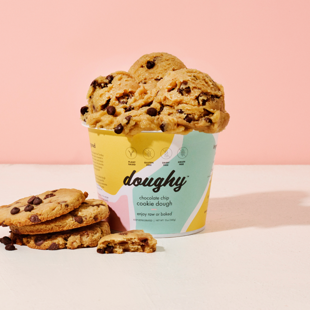 A container of doughy brand cookie dough