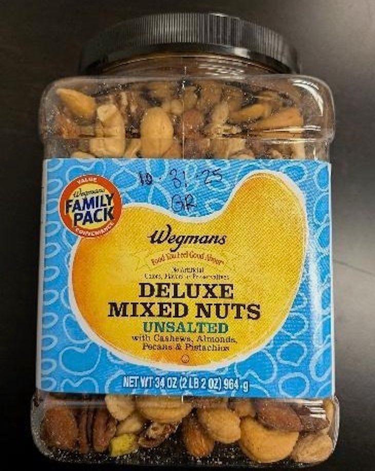 A container of Wegmans deluxe mixed nuts