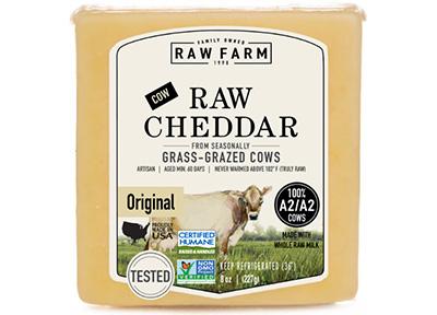 A package of Raw Farm branded Raw Cheddar cheese
