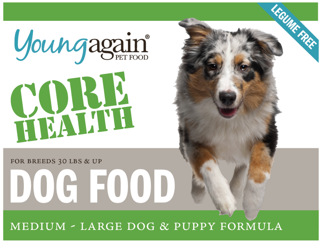 young again pet food dog food, with a dog jumping through the air.