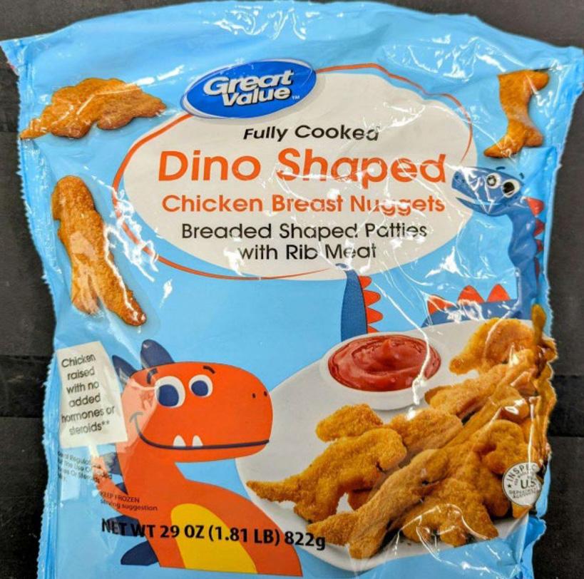 A package of frozen dinosaur shaped chicken nuggets