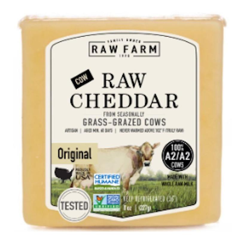 A package of Raw Farm branded Raw Cheddar cheese