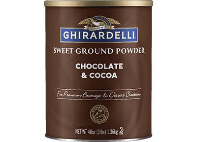 A container of Ghirardelli Chocolate and Cocoa flavored ground powder
