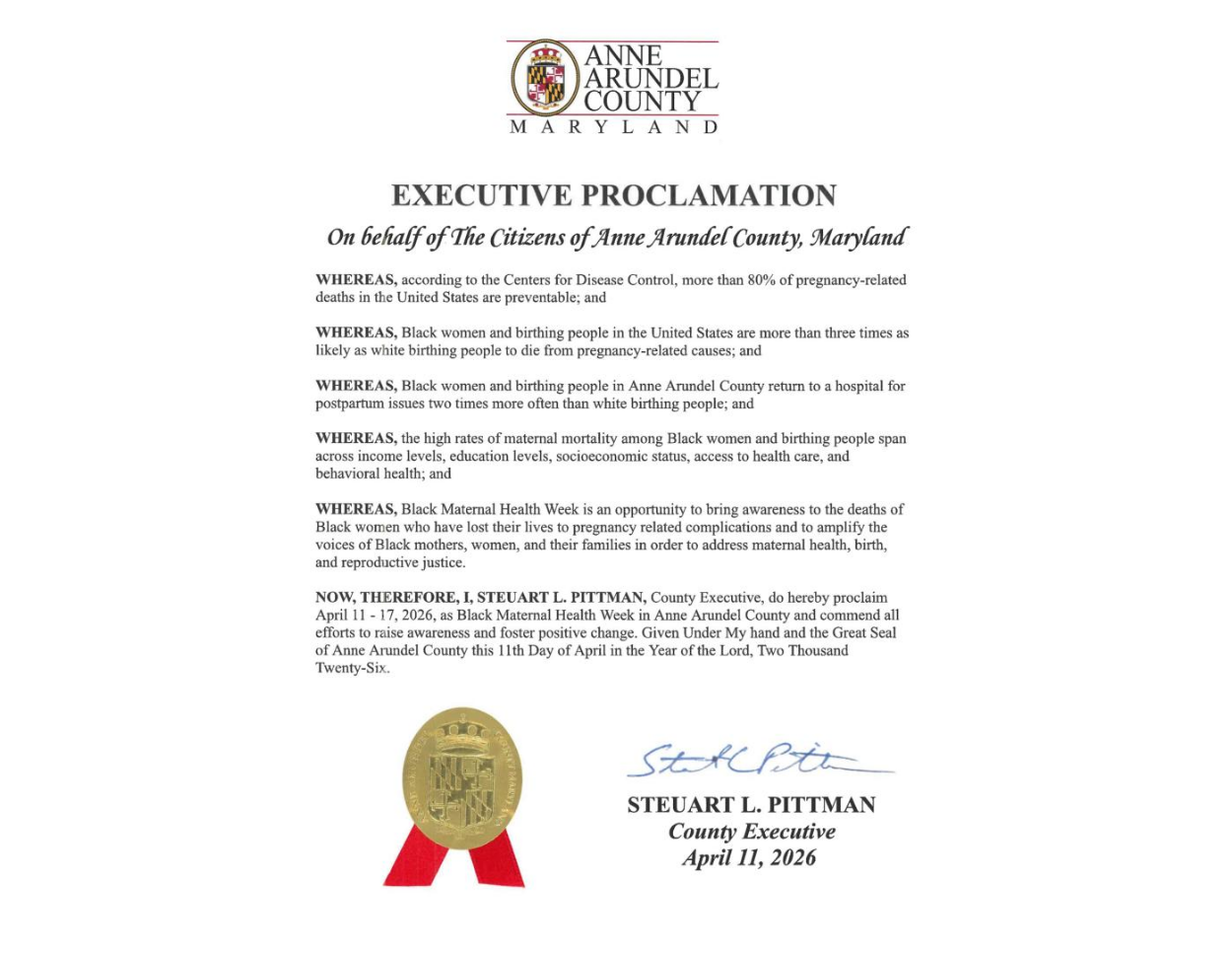 A proclamation from the County Executive declaring April 11- 17 Black Maternal Health Week in Anne Arundel County.