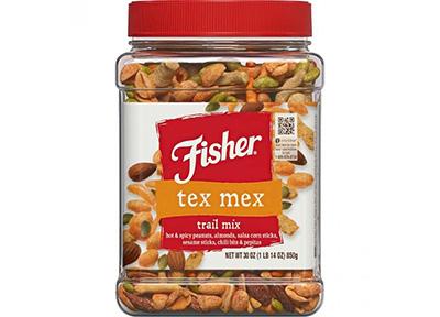 A container of Fisher brand nuts