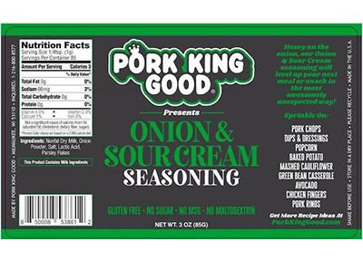 A packaging label for Pork King Good brand onion and sour cream seasoning