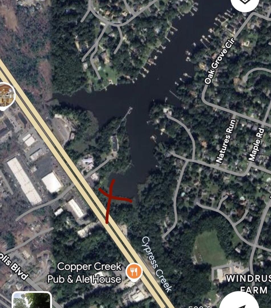 Map of Cypress Creek with a large red 'X'