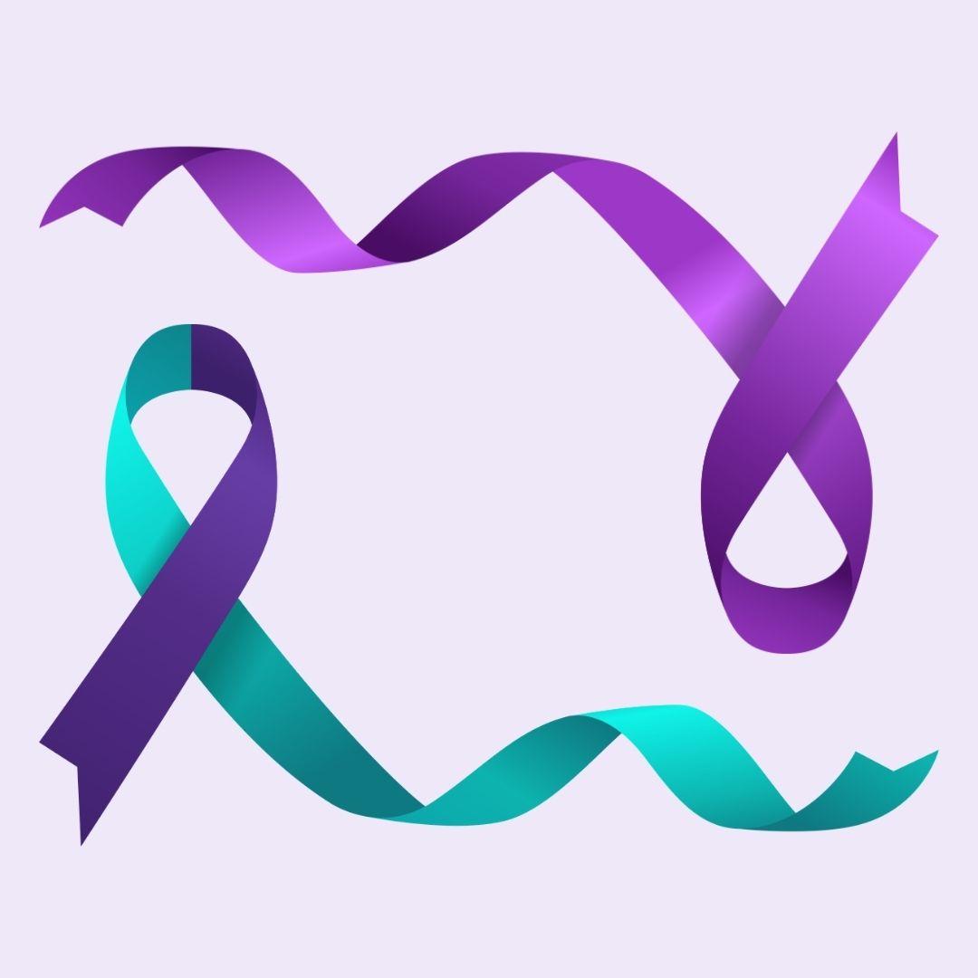 Two ribbons, one purple and the other purple and teal, on a light purple background, symbolizing awareness.