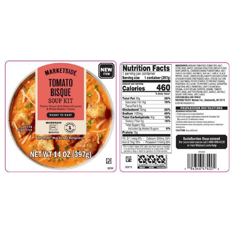 A package label for Marketside Tomato Bisque Soup Kit