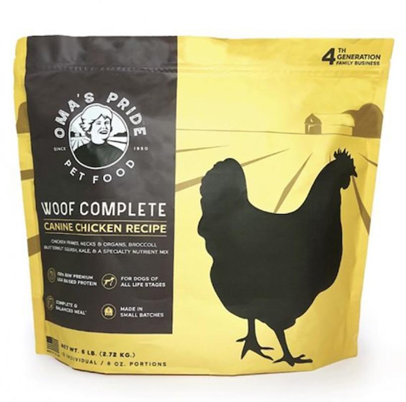 A Package of Oma's Pride Pet Food, Woof Complete Canine Chicken Recipe
