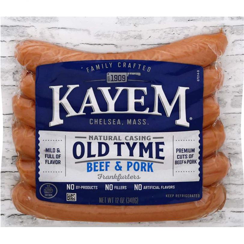 A package of Kayem Old Tyme beef & pork frankfurters
